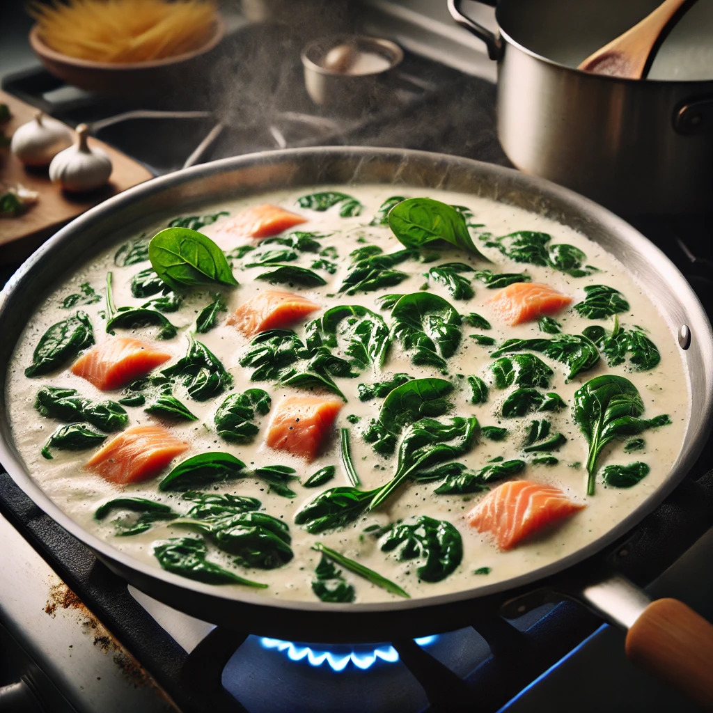Pâtes au saumon fumé et épinards