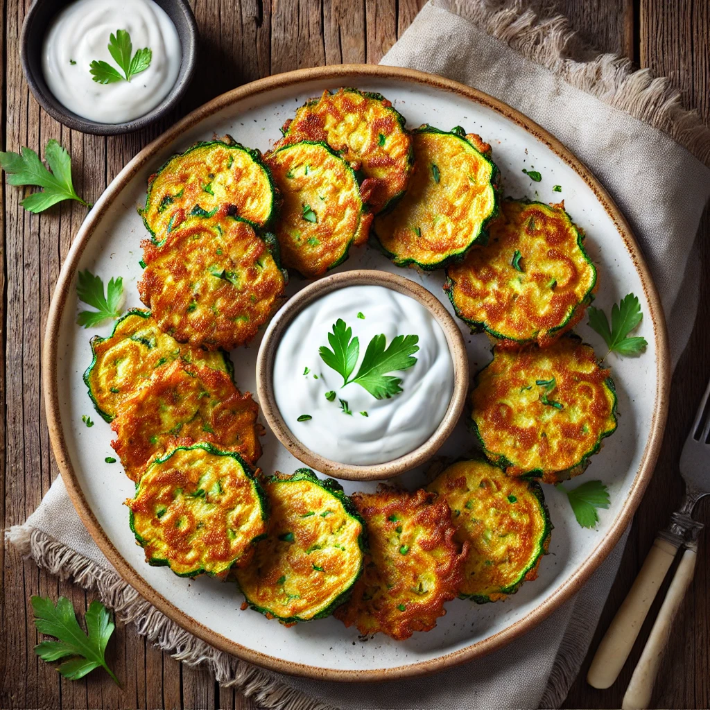 Beignets de courgettes croustillants avec sauce au yaourt.